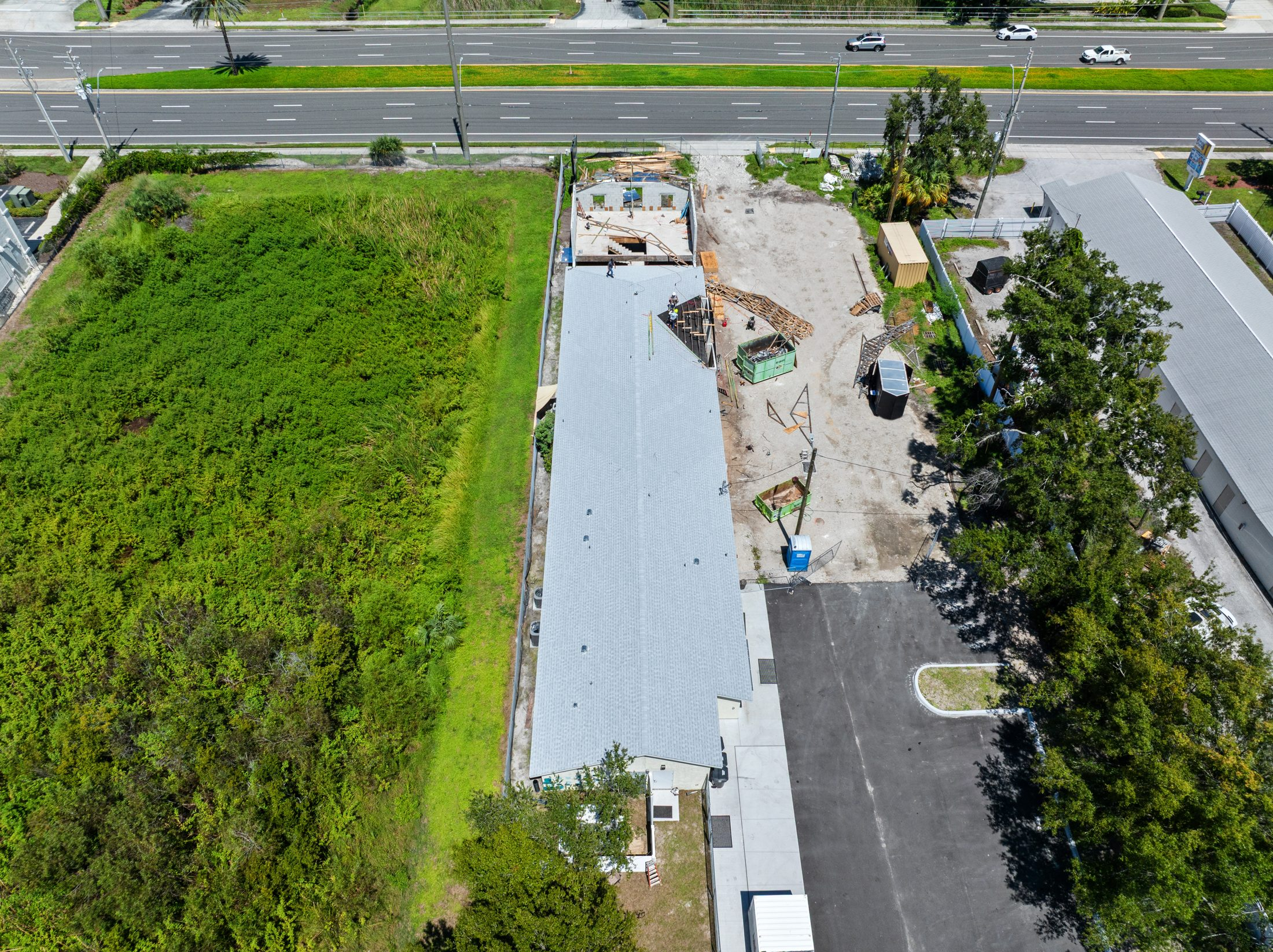 Metal roof installation from above